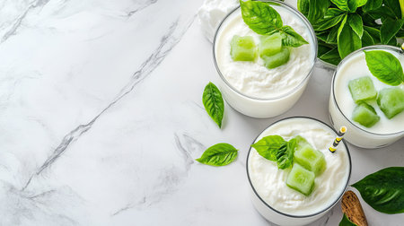 A delightful yogurt dessert featuring creamy texture topped with fresh green melon cubes and mint leaves in a stylish setting. Perfect for summer refreshment!の素材