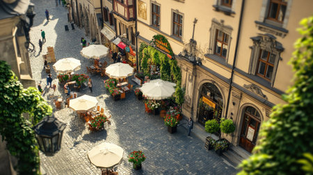 Explore a charming European street featuring inviting outdoor cafes adorned with umbrellas, lush plants, and vibrant flowers, creating a cozy atmosphere.の素材