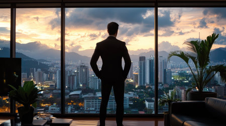 A businessman stands in silhouette, gazing at a stunning city skyline at sunset. The scene captures a moment of contemplation and aspiration within a modern office setting.の素材
