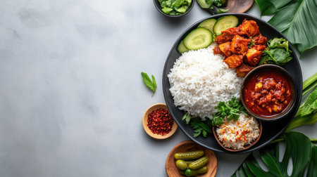 Experience a vibrant culinary delight featuring rice, chicken, chutney, and fresh herbs, beautifully arranged for a wholesome and flavorful dining experience.の素材