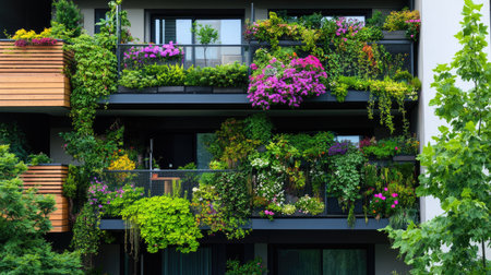 A vibrant display of flowers and lush greenery adorns modern apartment balconies, creating a beautiful urban oasis. Enjoy the natural beauty and serene environment.の素材