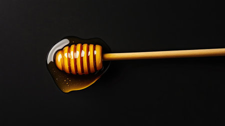 A close-up image showcasing honey dripping from a wooden dipper, highlighting the smooth texture and glossy finish. A perfect representation of sweetness and natural ingredients.の素材
