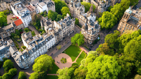 Experience a breathtaking aerial view of a vibrant park nestled among historic buildings, showcasing lush green trees and inviting spaces for relaxation and community.の素材