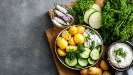 A vibrant assortment of fresh vegetables, including cucumbers and potatoes, topped with fragrant dill and served with a creamy dip on a rustic wooden board.の素材