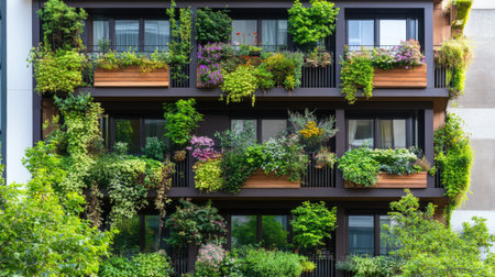A stunning modern urban building adorned with various plants and vibrant greenery, showcasing vertical gardening and sustainable design. Perfect for nature lovers.の素材