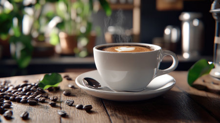 A steaming cup of coffee sits invitingly on a wooden table, surrounded by coffee beans and fresh leaves. Perfect for capturing cozy moments and the beauty of simple pleasures.の素材