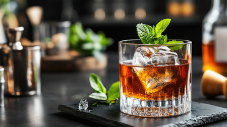 A refreshing cocktail featuring ice and fresh mint, served in an elegant glass on a black slate surface, perfect for parties or leisure time.の素材