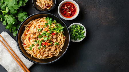 This vibrant bowl features delicious Asian noodles topped with fresh vegetables, herbs, and a spicy sauce, perfect for a flavorful meal or recipe inspiration.の素材