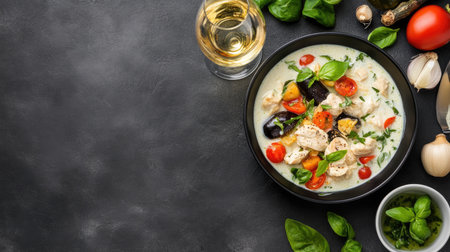 A delicious bowl of chicken mixed with fresh vegetables in a creamy white sauce. Accompanied by elegant wine, this dish showcases vibrant colors and textures.の素材