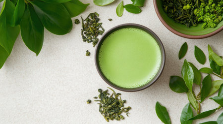A vibrant bowl of fresh green tea sits gracefully amid loose leaves and foliage, showcasing a perfect blend of nature's colors and promoting wellness and relaxation.の素材