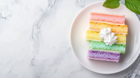 A vibrant rainbow cake slice featuring layers of pastel colors topped with whipped cream, perfect for celebrations, parties, and sweet indulgence.の素材