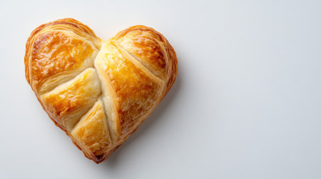 A beautifully crafted heart-shaped pastry resting on a clean white surface. This charming dessert is perfect for creating a romantic atmosphere during special moments or celebrations.の素材