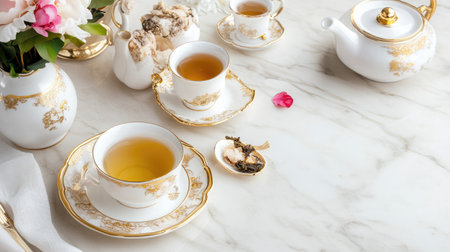 An elegant tea time scene showcasing fine china, delicate flowers, and a beautiful teapot, perfect for relaxation and social gatherings. Enjoy a warm beverage.の素材