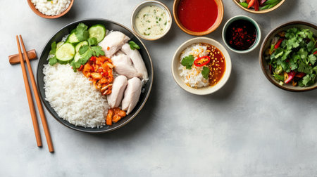 Explore a vibrant arrangement of Asian cuisine featuring rice, chicken, fresh herbs, and vegetables. Perfect for showcasing culinary creativity and flavor.の素材