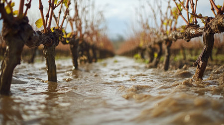 A waterlogged vineyard shows the impact of heavy rain on farming. Muddy water flows between vineyard rows, highlighting the challenges of agriculture.の素材