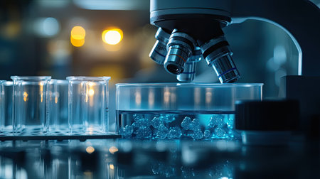 A modern laboratory scene showcases a microscope and test tubes, highlighting scientific exploration. The vibrant blue liquid in focus represents innovation and research in progress.の素材