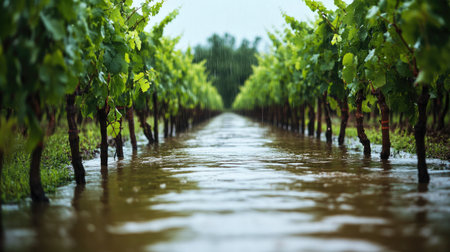 A mesmerizing view of a flooded vineyard where lush green vines thrive under a dark, rainy sky, showcasing nature's resilience and agricultural beauty.の素材