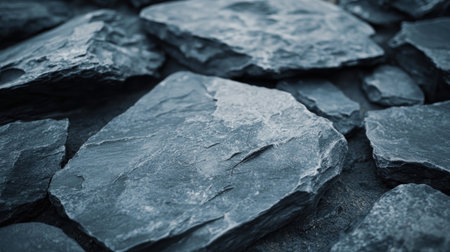 Close-up view of grey slate rocks creating a natural and rugged texture. Ideal for backgrounds or surfaces in design projects focusing on nature and earth elements.の素材