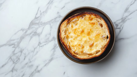 A close-up of delicious toast topped with melted cheese, resting on a marbled surface. Perfect for breakfast, brunch, or a snack.の素材