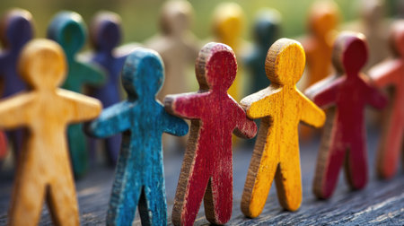 A vibrant assortment of wooden figures symbolizes diversity and community. These colorful characters encourage friendship and creativity, showcasing togetherness.の素材