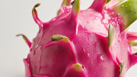 A close-up image of a fresh dragon fruit featuring its vibrant pink skin adorned with green spikes and glistening water droplets, showcasing its unique nature.の素材