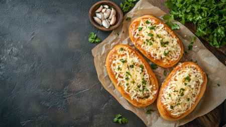 This image showcases three freshly baked savory pastries topped with melted cheese and fresh herbs, ideal for a delicious snack or appetizer. Perfect for food lovers!の素材