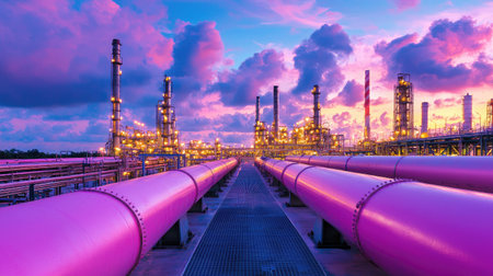 A stunning view of an industrial oil refinery at sunset, showcasing vibrant colors in the sky and extensive pipelines leading toward processing towers.の素材