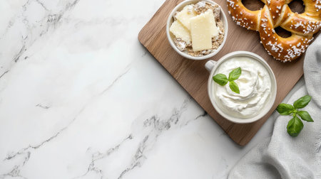 A delectable arrangement featuring a creamy dairy dip and soft cheese served with a warm pretzel, garnished with fresh basil on a stylish marble background.の素材