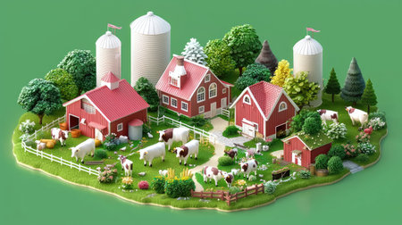 This charming miniature farm scene features red barns, grazing cows, lush greenery, and silos, creating a serene rural atmosphere perfect for artistic inspiration.の素材