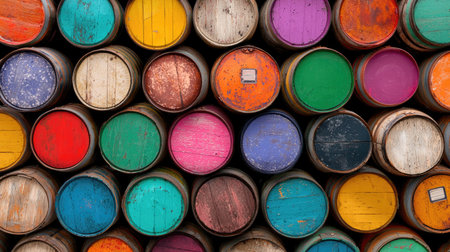 This image showcases a stunning array of colorful wooden barrels, beautifully stacked and featuring a range of vibrant paint finishes that create an eye-catching display.の素材