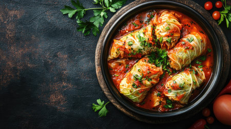Enjoy a tempting display of savory cabbage rolls nestled in rich tomato sauce, garnished with fresh herbs, perfect for a cozy dinner gathering.の素材