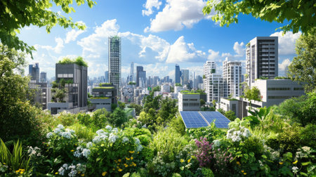 A stunning urban landscape featuring lush greenery and modern skyscrapers, highlighting sustainability with solar panels and vibrant flowers under a blue sky.の素材
