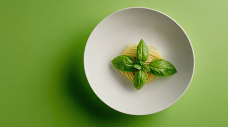 A beautifully styled plate of pasta topped with fresh basil leaves, set against a vibrant green background. Perfect for food photography and culinary inspiration.の素材
