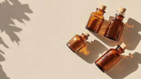 Four amber glass bottles with corks cast soft shadows on a neutral background. Ideal for promoting natural products, wellness, and organic aesthetics.の素材