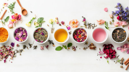 An artistic arrangement of herbs and edible flowers displayed in bowls, showcasing vibrant colors and natural ingredients, perfect for culinary and wellness themes.の素材
