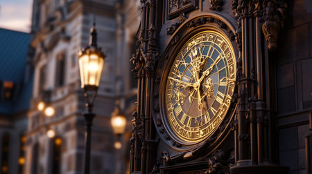 This close-up captures an elegant vintage clock with intricate detailing, illuminated by soft evening light. A perfect blend of history and artistry.の素材