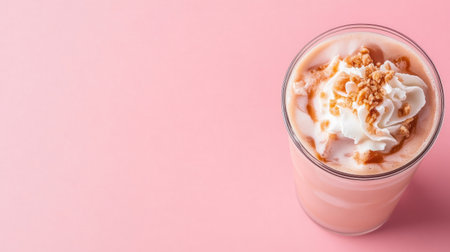 A delightful milkshake topped with whipped cream and nuts, set against a soft pink background. Perfect for any sweet treat or dessert craving.の素材