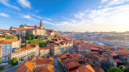 Captivating panoramic view of a historic cityscape featuring colorful rooftops and a stunning skyline under a bright sky. Perfect for travel enthusiasts.の素材