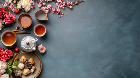 Experience tranquility with this beautifully arranged tea setup featuring delicate blossoms and delightful sweets on an elegant table surface, ideal for gatherings.の素材
