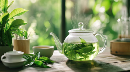 A serene scene featuring a glass teapot with fresh green tea leaves steeping, steam rising above. A cup sits nearby, surrounded by nature-inspired decor.の素材