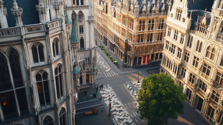 This stunning aerial view captures historic architecture and a serene tree-lined street, highlighting the blend of nature and urban life in a vibrant cityscape.の素材