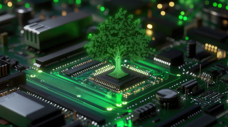 This image features a vibrant tree emerging from a circuit board, symbolizing the blend of nature and technology, showcasing innovation in sustainable design.の素材