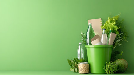 A vibrant green scene depicting a bucket filled with recyclable bottles, paper, and fresh herbs. This image promotes eco-friendly practices and sustainability.の素材