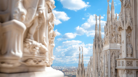 Captivating view of the intricate architectural details of the Milan Cathedral, showcasing stunning stonework and spires against a vibrant blue sky with fluffy clouds.の素材
