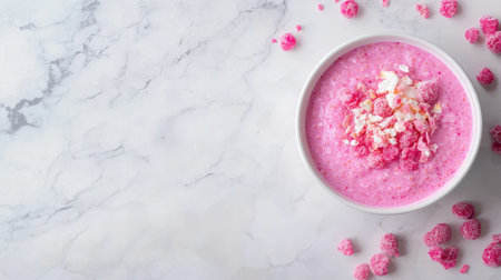 A delightful pink smoothie bowl topped with fresh raspberries and coconut flakes, perfect for a nutritious breakfast or refreshing snack. Aesthetic food presentation on marble background.の素材
