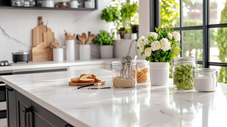 Bright modern kitchen featuring fresh ingredients, beautiful flowers, and stylish decor, creating an inviting atmosphere for cooking and dining.の素材