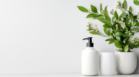 This serene image features a soap dispenser alongside lush greenery, highlighting a minimalist aesthetic perfect for wellness and beauty themes.の素材