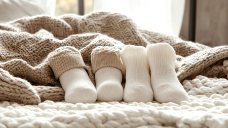 A heartwarming scene featuring cozy infant socks nestled among soft textures on a knitted blanket, capturing the essence of warmth and comfort in a serene indoor setting.の素材