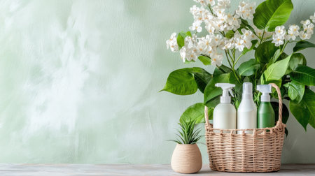 A serene image showcasing natural cleaning products arranged in a basket, complemented by lush greenery and delicate flowers, creating a calming home atmosphere.の素材