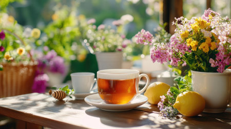 A steaming cup of tea sits on a table surrounded by blooming flowers and fresh lemons, capturing the essence of a joyful and peaceful morning.の素材